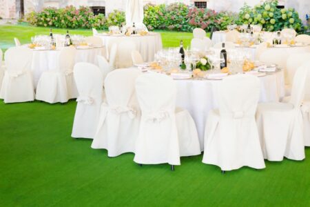 Tables decorated for a party or wedding reception